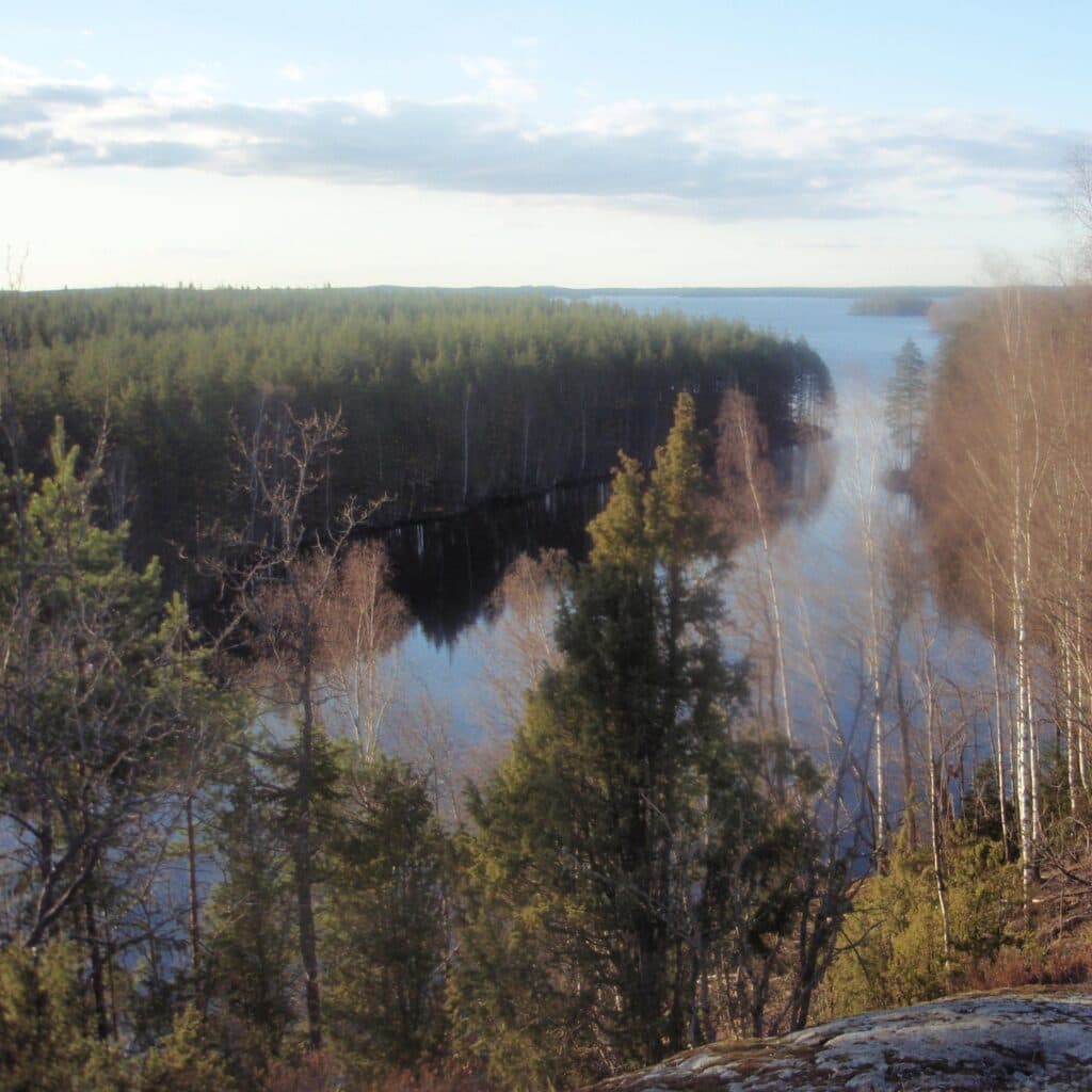 Utsikten från Knapelid över en sjö långt nedanför.